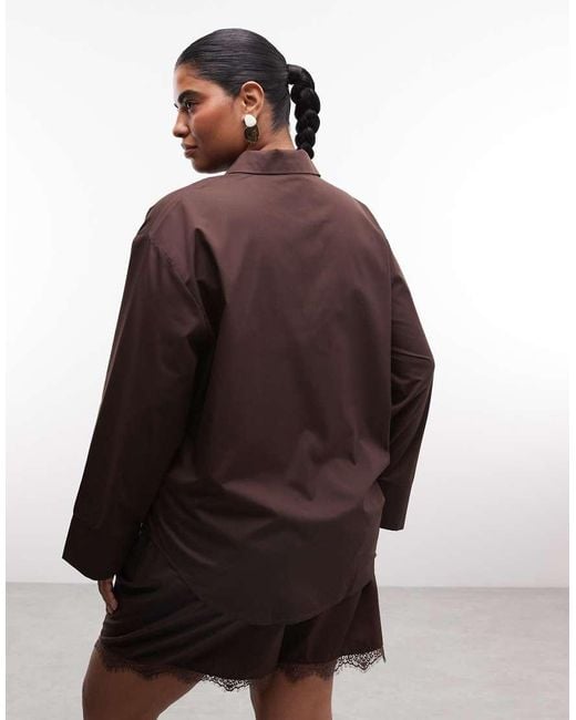 Noisy May Brown Oversized Shirt Co-Ord With Lace Pocket Detail