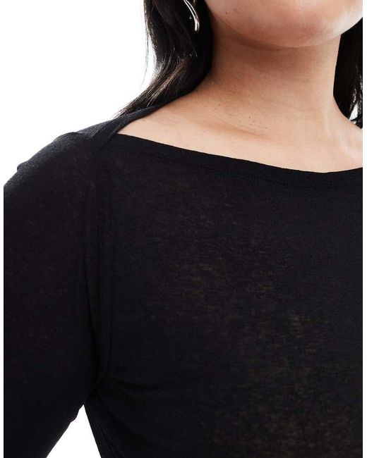 ASOS Black Asos Design Curve Textured Mesh Slash Neck Long Sleeve Top