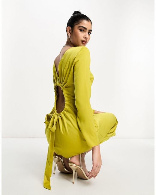 ASOS Satin Long Sleeve Maxi Dress With Drawstring Back in Yellow | Lyst  Canada