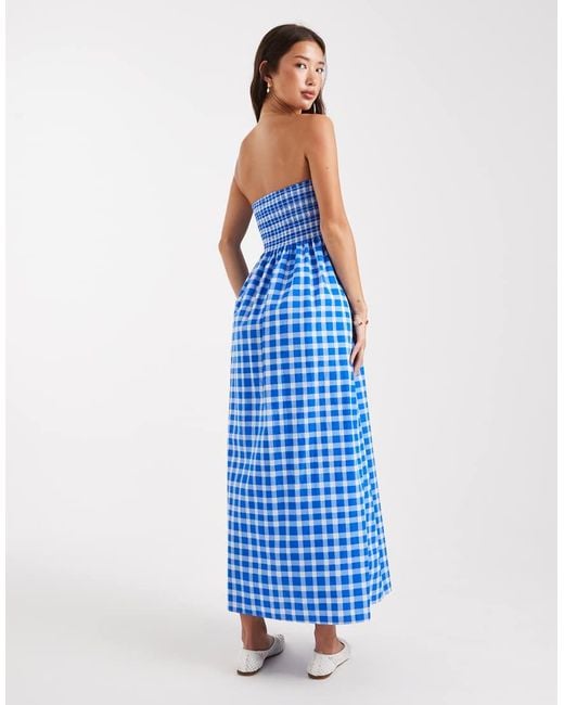 Vestito Midi A Fascia Arricciato A Quadri di New Look in Blue