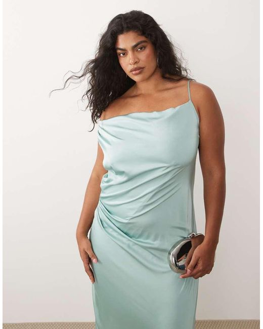 Tfnc Plus Blue Bridesmaids Satin One Shoulder Maxi Dress