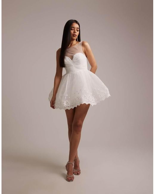 Bardot White Hilda Sleeveless Sheer Insert Sweetheart Neck Voluminous Skirt Mini Dress