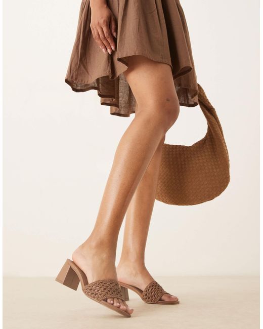 ASOS Brown Honeycomb Weave Detail Mid Heeled Mules