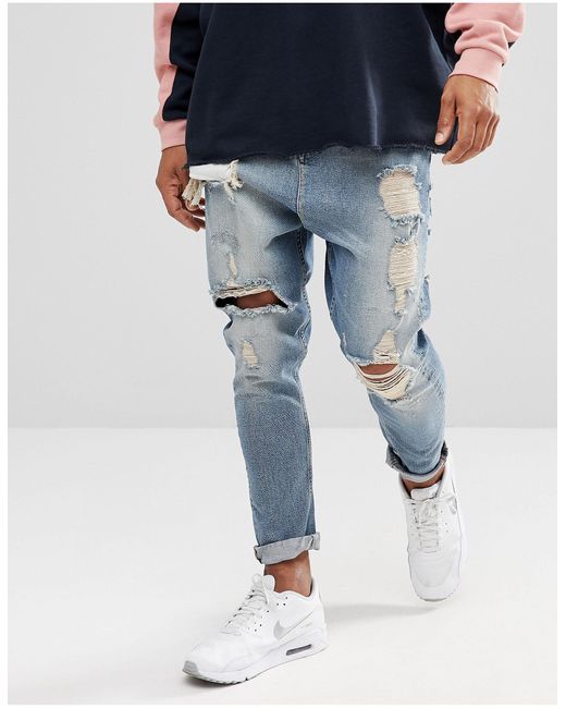ASOS Denim Jeans Met Laag Kruis, Vintage Lichte Wassing En Grote Scheuren  in het Blauw voor heren | Lyst NL