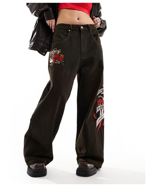 Ed Hardy Black Super Relaxed Skater Jeans With Embroidery