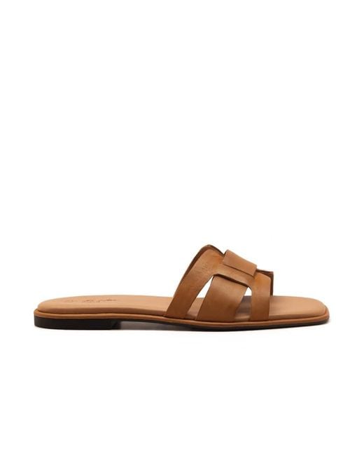 OFF THE HOOK Brown Heath Leather Slip On Flat Sandals