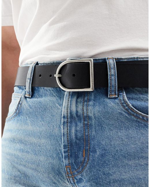 ASOS Blue Leather Belt With Burnished Silver Curved Buckle for men