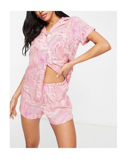 Lauren by Ralph Lauren Pink Woven Button Through Short Pyjama Set