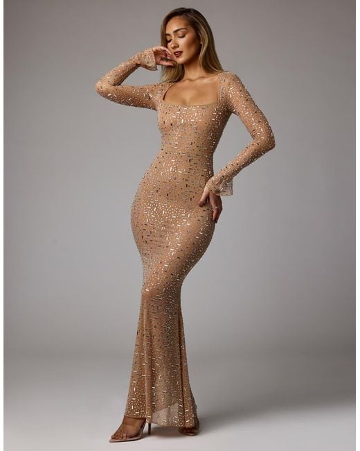 Oh Polly Purple Long Sleeved Bodycon Hot Fix Embellished Maxi Dress