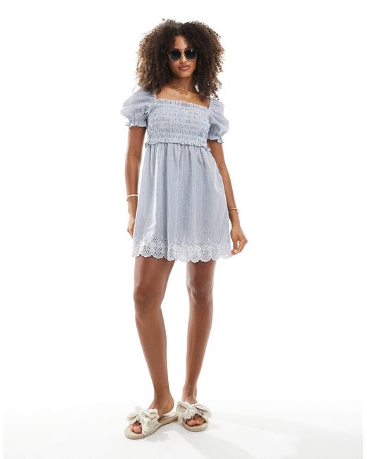 New Look Blue Stripe Puff Sleeve Mini Milkmaid Dress