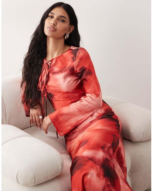 DASKA Red Satin Tie Detail Maxi Dress