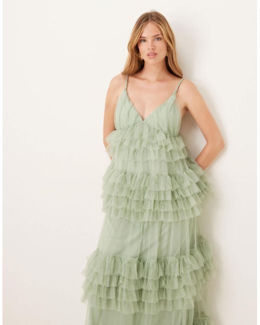 Y.A.S Green Statement Tiered Tulle Maxi Dress