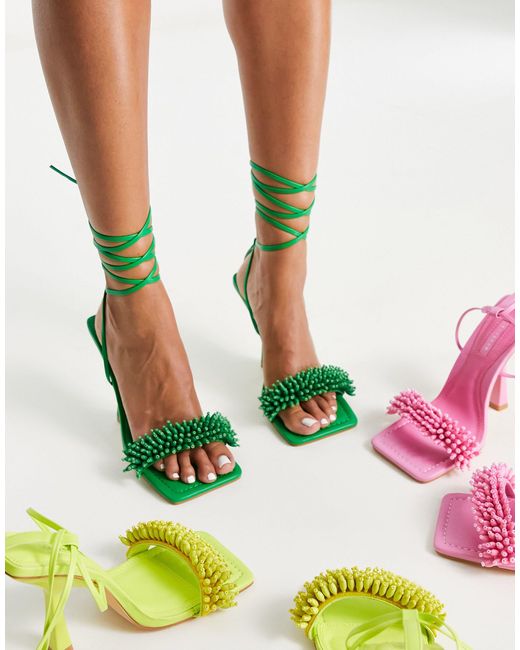 TOPSHOP Green Riley Beaded Trim Heeled Sandal With Ankle Tie