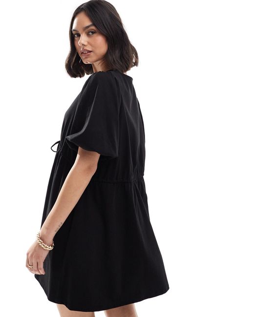 ASOS Black Puff Sleeve With Tie Up Bodice Mini Dress