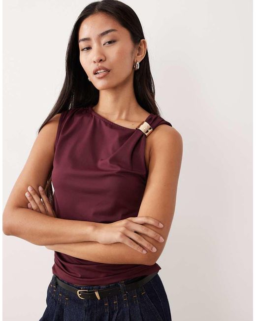 ASOS Purple Draped Slash Neck Top With Metal Hardware Detail