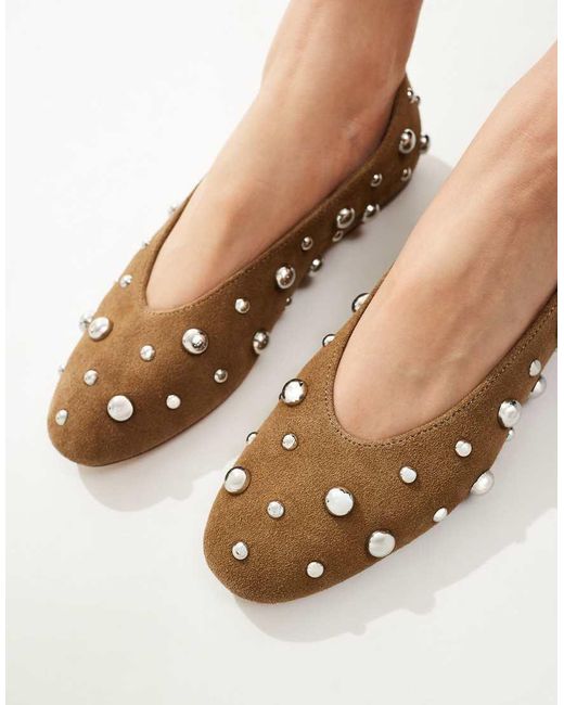 Stradivarius Ballerina's Van Leer En Suède Met Studs in het Black