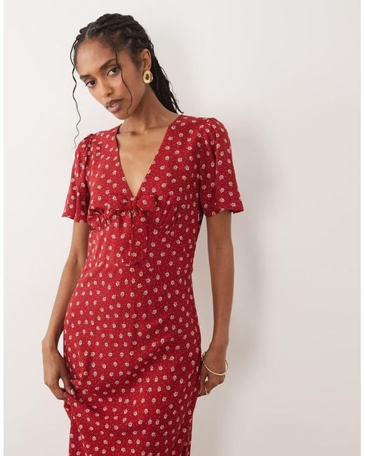 Nobody's Child Red Faith V Neck Flutter Sleeve Midi Dress