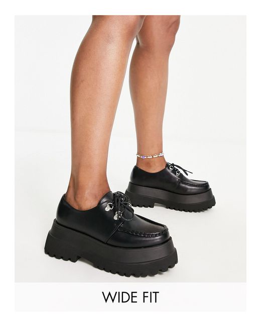 ASOS Black Wide Fit Memphis Chunky Lace Up Flat Shoes
