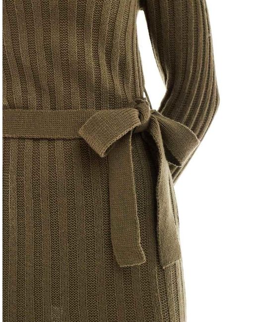Brave Soul Green Knit Ribbed Turtleneck Midi Dress With Tie Belt