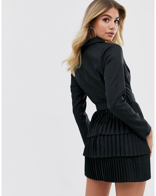 In The Style Black Plunge Front Blazer Dress With Pleated Skirt