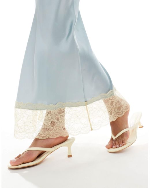 ASOS Blue Satin Midi Skirt With Lace Hem