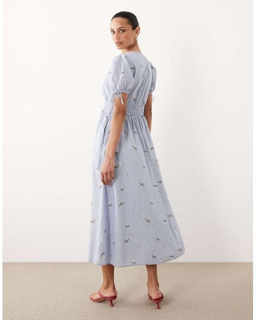 Nobody's Child Gray Ezra Linen Blend V-Neck Puff Sleeve Button Down Midi Dress