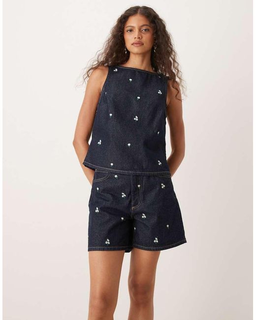 ASOS Blue Dad Short With Embroidered Ditsy Floral Co-ord