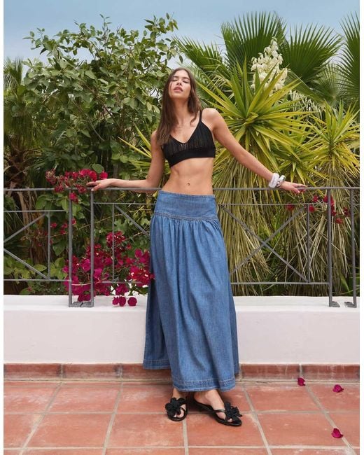 ASOS Blue Denim Drop Waist Maxi Skirt With Linen