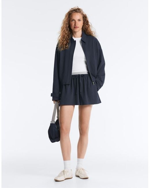 Oysho Blue Pinstripe Piqué Polo Neck Jacket With Cotton