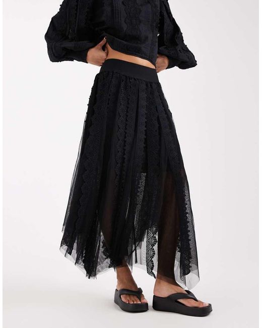 AllSaints Black Vashtie Asymmetric Tulle Ruffle Midi Skirt