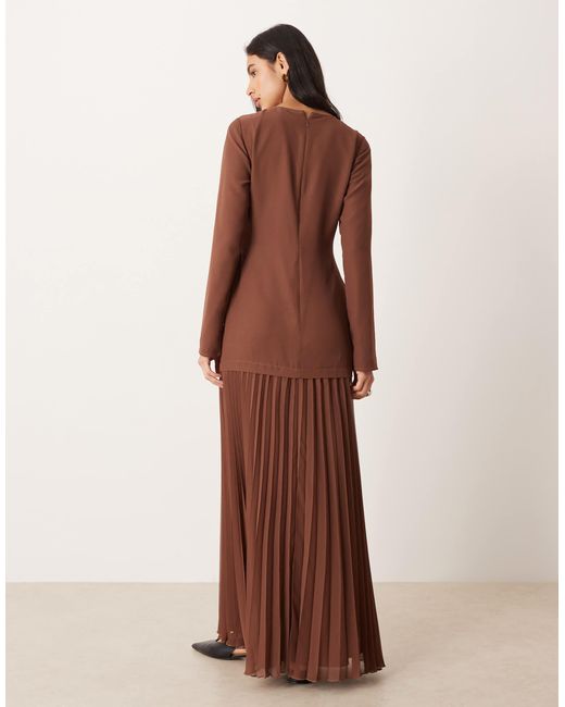 ASOS Brown Long Sleeved Pleated Skirt Maxi Dress