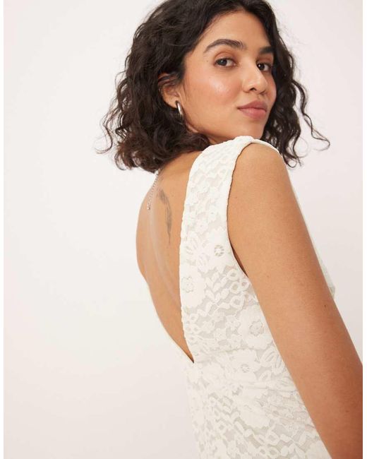 ASOS Natural Lace V Front Midi Dress With Frill Hem
