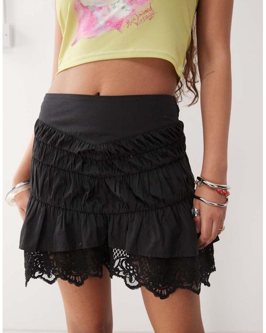 Reclaimed Vintage Natural Western Cowgirl Mini Skirt With Lace Hem