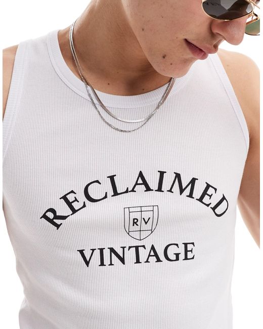 Reclaimed (vintage) White Ribbed Vest With Logo Print for men