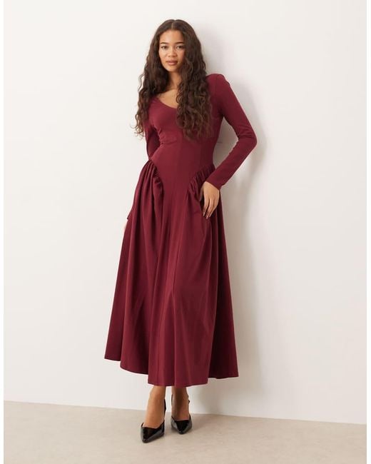 ASOS Red V-neck Long Sleeve Waisted Midi Dress