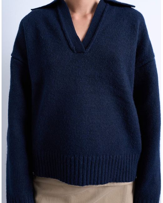 TOPSHOP Blue Knitted V Neck Collar Jumper