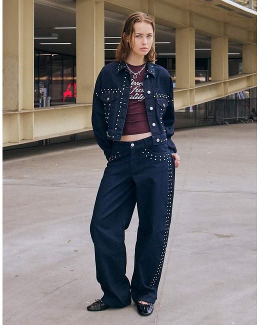 Bershka Blue baggy Barrel Jeans With Studs