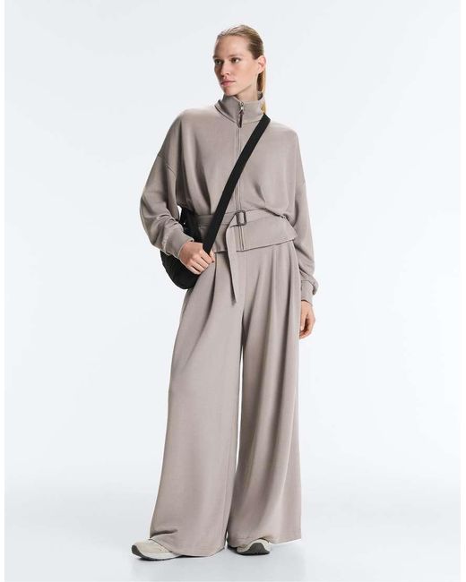 Oysho Gray Soft-Touch Modal Wide-Leg Trousers With Corset Detail