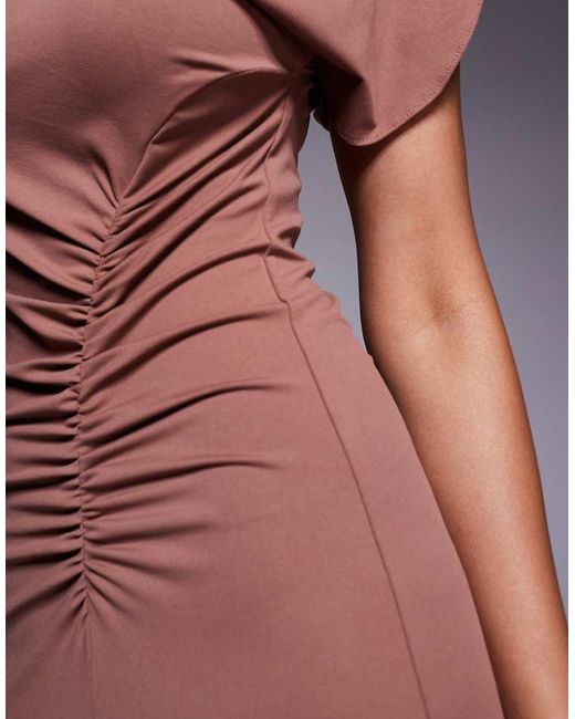 ASOS Gray Grown On Neck Flutter Sleeve Ruched Detail Maxi Dress