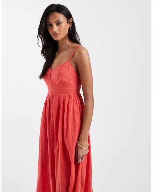 New Look Red Seersucker Textu V Waist Midi Dress