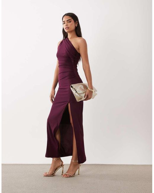 TFNC London Purple Slinky One Shoulder Scarf High Slit Maxi Dress