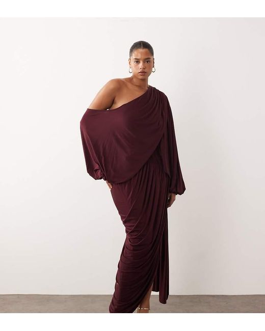 ARRANGE Red Curve Fallen Shoulder Draped Midi Dress With Train