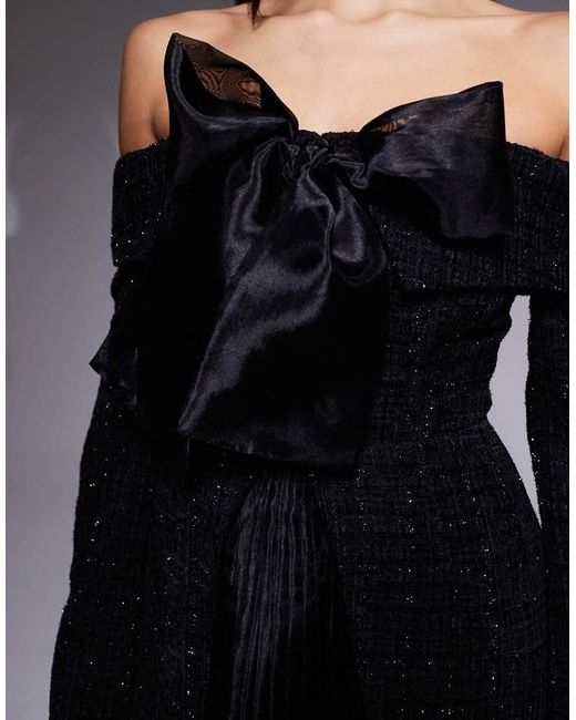 ASOS Black Boucle Bardot Mini Dress With Pleated Skirt And Bow