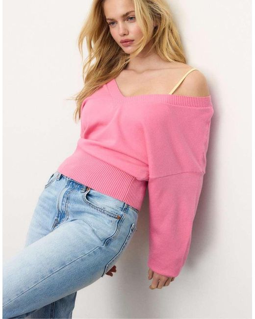Stradivarius Pink V-neck Batwing Sleeve Jumper
