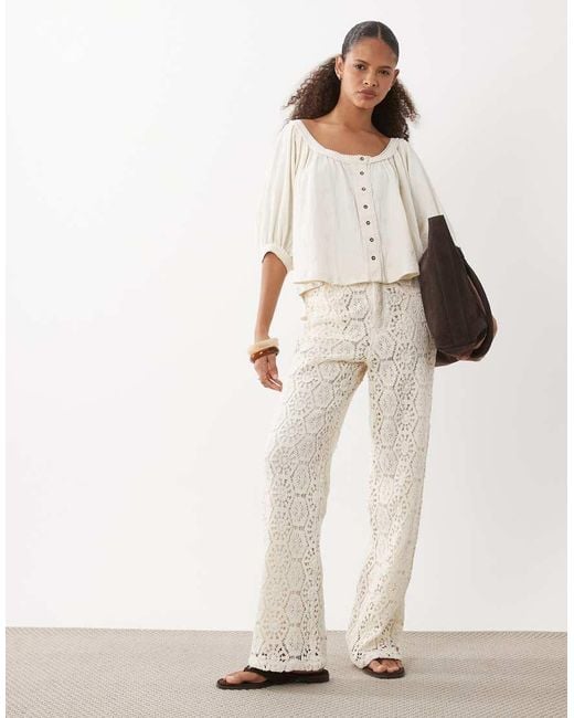 ASOS White Button Through Blouson Sleeve Broderie Top