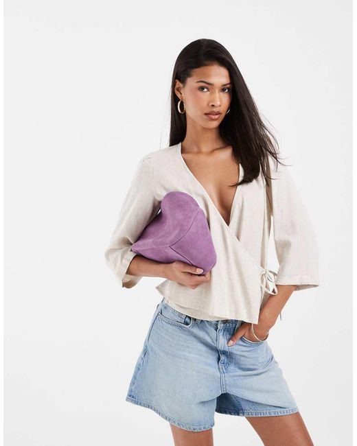 Pieces White 3/4 Sleeve Linen Blend Wrap Top
