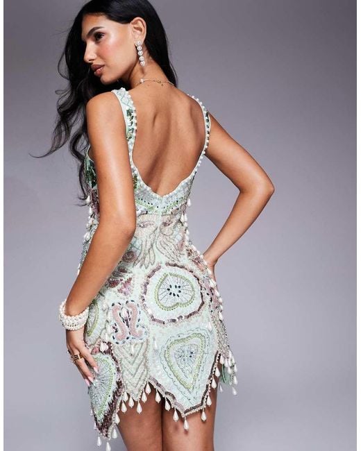ASOS Gray Gem Encrusted Mini Dress With Pearl Embellishment & Scallop Hem