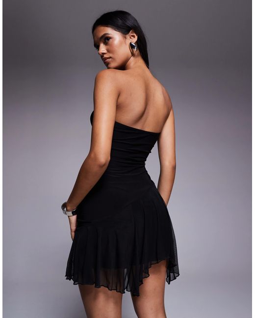 Fashionkilla Exclusive Mesh Overlay Bandeau Asymmetric Frill Hem Mini Dress  in Black | Lyst