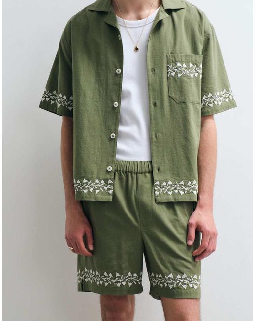 ASOS COLLECTIVE Green Cotton-linen Blend Embroidered Shorts for men