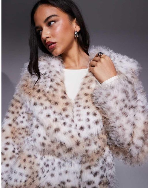 River Island Gray Leopard Faux Fur Long Line Coat